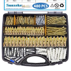 Sunxeke 480 PCS Self Drilling Drywall Anchors Kit with Screws - 4 Sheetrock Anchors & 5 Screw Sizes (2025 Upgraded), No Drill Needed, Zinc Plated Steel and Plastic, Heavy Duty Wall Anchors
