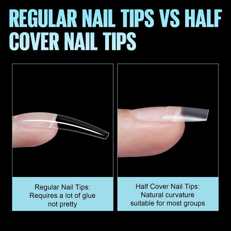 TOMICCA Short Coffin Nail Tips, Acrylic Half Cover Nail Tips