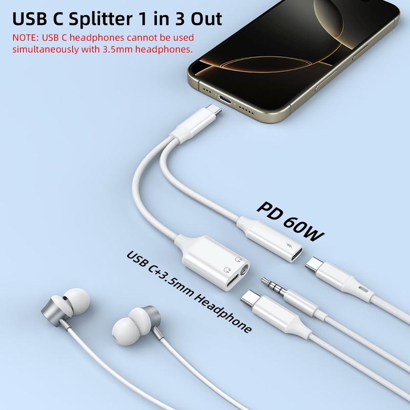 AreMe 3 in 1 USB C Splitter, USB C to