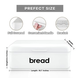 E-far Vintage Bread Box for Kitchen Countertop, White Metal Bread Storage Container Retro Bread Bin for Pastries/Loaves/Dry Food, Large Capacity & Modern Design (16.7” x 9” x 6.4”)