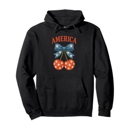 America Cherry Design Cute Patriotic Retro 4th of July Aesth Pullover Hoodie