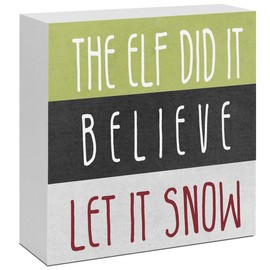 Christmas Wooden Desk Box Sign,The Elf Did It Christmas Wood Block Sign,Christmas Wood Plaque Sign for Home Office Farmhouse Shelf Tabletop Wall Decor 5x5 Inches