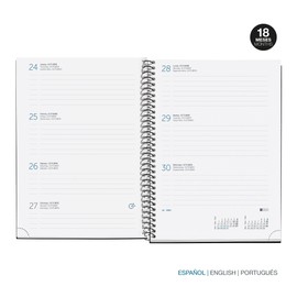 Miquelrius - Diary 18 Months 24-25, July 2024 to December 2025, Plus Size 155 x 213 mm, Week View, Copper Metal Spiral, Lined Cardboard Cover, Spanish, English and Portuguese, Wild