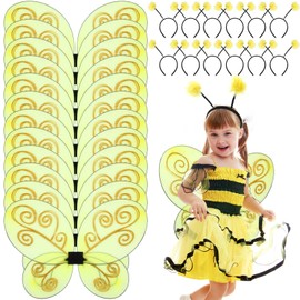 Yuxung 12 Set Bee Wings with Antenna Headband for Kids Halloween Costumes Accessories Bee Wings Yellow Bee Wings Dress up Cosplay Party Favors for Women and Kids