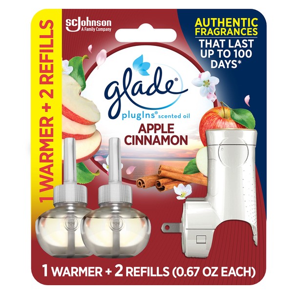 Glade PlugIns Refills Air Freshener Starter Kit, Scented and Essential Oils for Home and Bathroom, Apple Cinnamon, 1.34 Fl Oz, 1 Warmer + 2 Refills