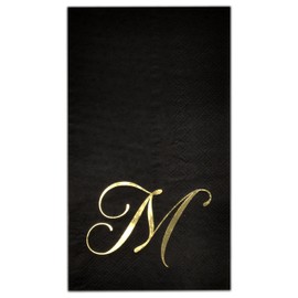Gift Boutique 100 Gold Monogram on Black Guest Napkins Letter M Disposable Paper Pack Elegant Metallic Golden Foil Dinner Hand Napkin for Bathroom Powder Room Wedding Holiday Decorative Towels