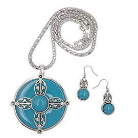 Gypsy Jewels Round Medallion Dot Pendant Silver Tone Trendy Simple Long Tube Chain Necklace & Earring Set (Aqua Blue)