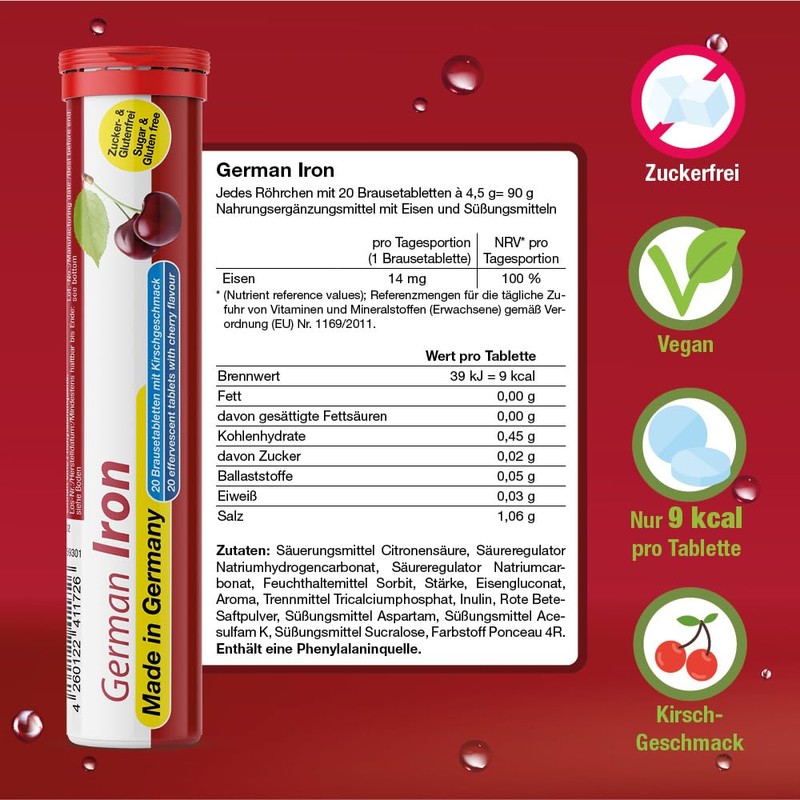 German Iron Effervescent Tablets, Pack of 140, Cherry Flavour, 14