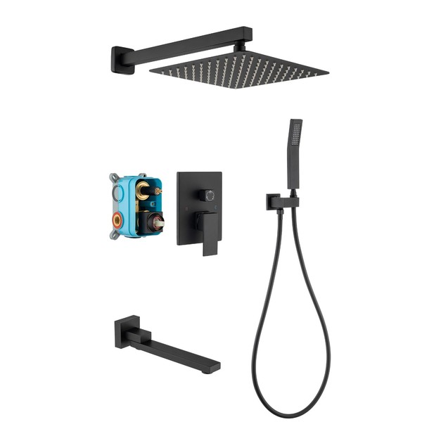 DoBrass Black Shower System with Tub Spout, Rainfall Shower Faucet