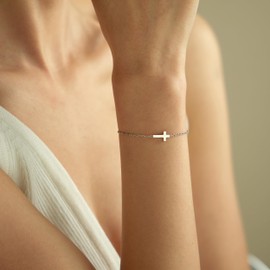 Nawflue Cross Bracelet For Women White Gold Dainty Tiny Cross Link Chain Bracelets Trendy Adjustable Stainless Steel Jewelry