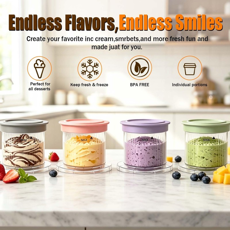 4 Pack Ice Cream Pints Containers 8oz, BPA-Free & Dishwasher