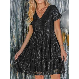 CUPSHE Women's Sequin Dress Elegant Sparkly V Neck Short Sleeve Glitter Mini Dresses Black, S
