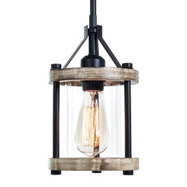 Ejerlya Farmhouse Pendant Light, Rustic White Wood and Metal Cage Hanging Light Fixtures with Glass, 43 Inch Adjustable for Flat and Slop Ceiling, Pendant Lighting for Kitchen Island Foyer Hallway