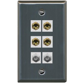 RiteAV 4 Port Banana 2 Speaker Binding Post 2 Coax Wall Plate - Flat Style [Stainless Steel]