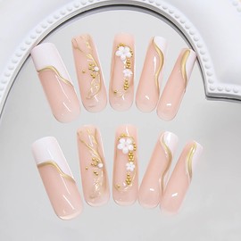 RikView Coffin Press on Nails Long Fake Nails with 3D Flowers Design Golden Nails Glossy Full Cover Nails for Women 24 PCs/Set