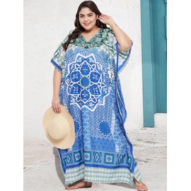 Gypsie Blu - Vestido largo para mujer, de talla grande, estilo caftán, para playa, de poliéster, para ropa de descanso, traje de baño, vestidos de verano para mujer, Mandala azul, One Size Plus