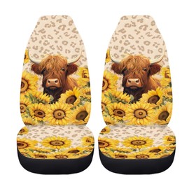 Pointodoor Sunflower Highland Cow Cattle Sunflower Print 2 Piece Car Seat Covers Front Seats Only Cute Car Accessories for Women Universal Bucket Seat Protector for Trucks SUV Vans