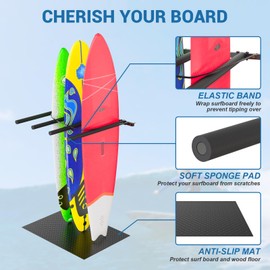 LXVOOEE Vertical Surfboard Rack for Wall, Surfboard Wall Mount with Bungee Cord and Rubber Mat, Metal Garage Surfboard Stand Wall Decor for Surf Board, SUP Paddle Board, Wakeboard, Snowboard (4 Arms)