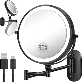 30X/1X Wall Mounted Lighted Makeup Mirror, 9'' Height Adjustable Double Sided 5000mAh Rechargeable Magnifying Bathroom Mirror with Light, 3 Color Modes Touch Dimmable Extended Arm 360 Rotation