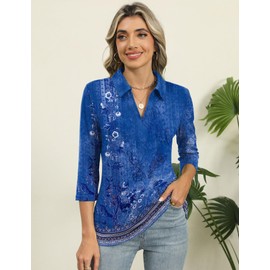 ZHENWEI 3/4 Sleeve Shirts for Women Dressy Casual Polo Tops V Neck Collared Blouse Summer Tee,Blue Floral,M