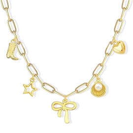 Gold Charm Necklace for Women Pearl Choker Necklace Knot Cowboy Boot Starfish Shell Pendant Charm Necklace Beach Necklace Jewelry Gifts for Women