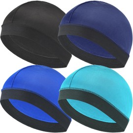 Headshion 4 Pack Wave Cap for Men 360 Waves, Silky Stocking Cap Compression Over Durag (US, Alpha, One Size, Black 3 Blue)