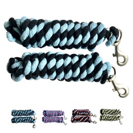 Majestic Ally Pack of 2 Solid Cotton Lead Rope for Horses & Livestock – 10 Foot Long and 5/8 inch Thick - Replaceable Heavy-Duty Satin Bolt Snap – Handmade – Soft, Broken in Feel (Sky Blue - Black)