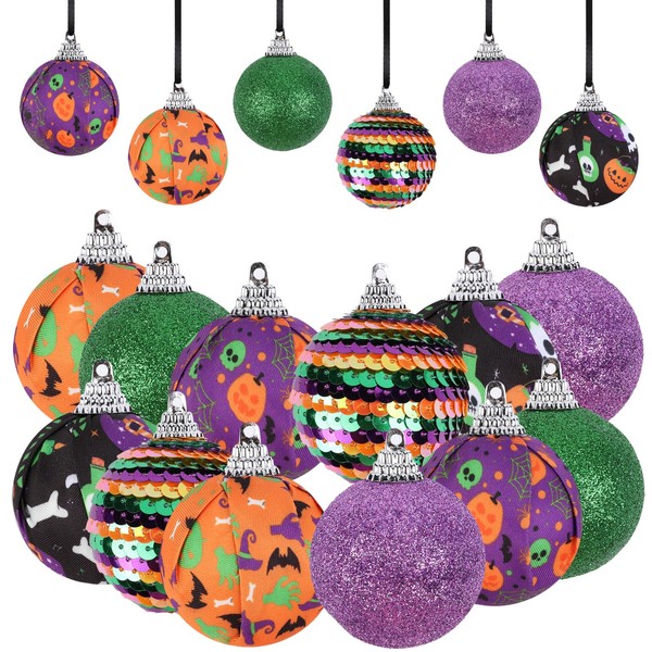 JOYMEMO 12Pcs Orange Purple Green Black Halloween Ball Ornaments for