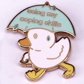 Using My Coping Skills Enamel Pin Cartoon Duck Using A Umbrella Badge Brooch For Backpacks, Stainless Steel, no gemstone