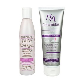 Loquay Kit Matizador Shampoo y Mascarilla Acondicionadora Cabello Rubios Tonos Beige Ha Ceramidas con Perlas de color y Acido Hialurónico