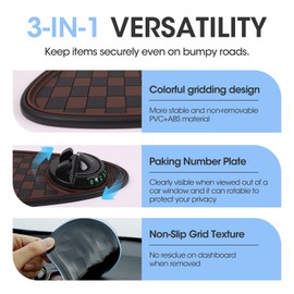 Multifunction Car Anti-Slip Mat Exclusive Phone Holder, Rotatable Car Phone Holder Dashboard Pad with Temporary Parking Number, Huge Capacity for Phones, Keys and Sunglasses (Black+Brown)