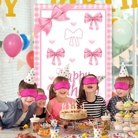 Bow Party Decorations Pin The Bow Party Game Set,Pink Bow Poster with 24 Bow Stickers For Girl Coquette Birthady Decor Classroom Game Wall Decoration