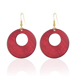 Seakuur Hollow Out Natural Wooden Earrings for Women Vintage African Bohemian Ethnic Wood Big Round Circle Geometric Lightweight Dangle Drop Hook Earrings (Wine Red)