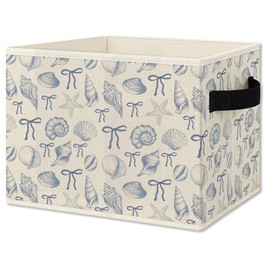Blue Preppy Beach Seashell Foldable Storage Bins Box with Handles, Coastal Beach Preppy Bow Collapsible Organizer Basket for Girl Nursery Room Bedroom Dorm Bathroom Clothes Toys Books