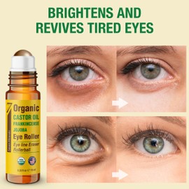 Seven Minerals Castor Oil Roll On Eye Roller for Under Eye Bags, Dark Circles & Wrinkles - Powerful Organic Blend of Castor, Frankincense & Jojoba - Brighten, and Revitalize Skin & Face - 0.33 fl oz