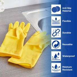 HOMESHOPA Household Rubber Gloves, 1 Pair Yellow Extra Thick Cleaning Washing Up Gloves, Non Slip Kitchen Dishwashing Gloves with Cotton Lining, Soft Flexible Reusable Waterproof Gloves (X-Large)