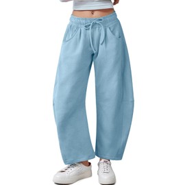 Kissonic Womens Barrel Leg Sweatpants Elastic Waist Drawstring Wide Leg Pants Baggy Lounge Pants with Pockets(Dustyblue-S)