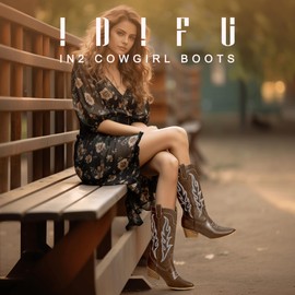 IDIFU Brown Cowboy Boots for Women Cowgirl Boots Western Boots Mid Calf Chunky Low Heel Pointed Toe Embroidered Country Boots Cute Comfortable Booties for Women Dress Heeled Boots(Brown, 6.5)