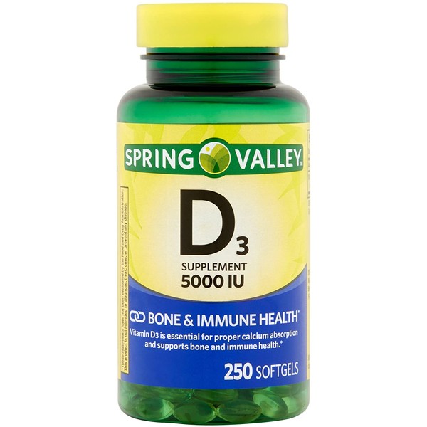 Spring Valley Vitamin D3 Softgels, 5000 IU, 250 Count Bottle