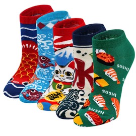 ZFSOCK Funky Socks Novelty Women Ladies: Funny Odd Crazy Colourful Cotton Socks Christmas Gifts Fun Japanese Style Pattern Cute Birthday Presents Ankle Socks,4-9,Japanese-5 pairs
