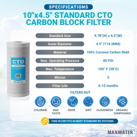 Max Water 10 x 4.5 Whole House Water Filter System Replacement CTO Cartridge | Premium Coconut Shell 5 Micron Activated Carbon | Compatible with FXHTC, FC15B WFHDC8001 CB-BB-10 EP-BB CTO10BB (8 Pack)