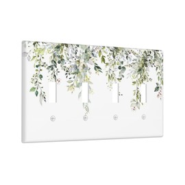 Green Eucalyptus Watercolor Leaves 4 Gang Light Switch Plate Cover Decorative Quad Toggle Wallplate Electrical Faceplate for Kitchen Bathroom Home Decor