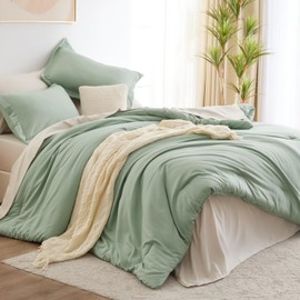 CozyLux Full Size Comforter Sets Sage Green and Beige, 7 Pieces Full Bedding Set Contrasting Design with Comforter, Flat Sheets, Fitted Sheet, Pillowcases & Shams, Bed in a Bag Full for All Season