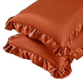 NSGZ Ruffled Satin Pillowcase Set of 2, Queen Size Silky Pillow Shams for Hair and Skin Care, Rust Satin Pillow Covers with Envelope Closure, Anti Wrinkle Pillow Cases for Modern Room Decor