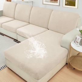 NAISI Waterproof Couch Cushion Covers Thick Velvet Fabric Washable Sofa Slipcovers Sectional Couch Covers for 3 Pieces Separate L Shape Couch Cover with Elastic Bottom(2 Seater + 1 Chaise,Beige)