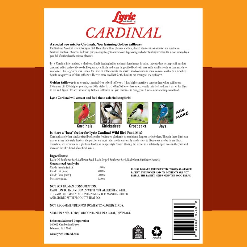 Lyric Cardinal Wild Bird Seed - Sunflower & Safflower Premium