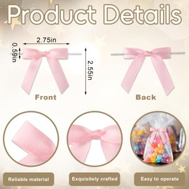 50 Pcs Pink Satin Ribbon Twist Tie Bows 2.76×2.95 inch – Premade Small Bows for Gift Wrapping Treat Bags Wedding Baby Shower Party Favor Decorations