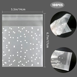 100 Pcs White Dotted Clear Self Sealing Cellophane Bags Candy Cookie Bags Treat Bags Resealable Plastic Pastry Bags Fits Gift Giving or Packaging Snacks (5.5x5.5 INCH)