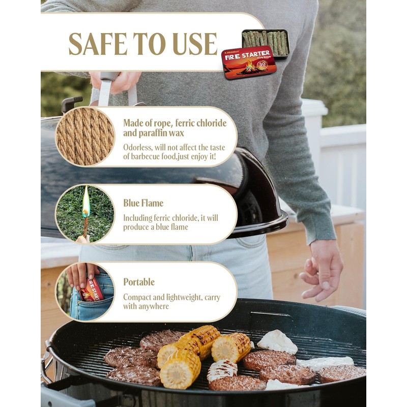 AWEASROY Fire Rope Blue Flame(30-Pack) Windproof Fire Starter, Long-Lasting, Bright