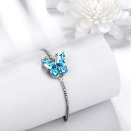 Aurora Tears Butterfly Bracelets 925 Sterling Sliver March Birthstone Blue Aquamarine Bracelet Animals Jewelry Gift for Women and Girls DB0111M
